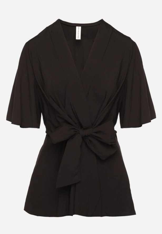 Czarna Kopertowa Bluzka z Wiskozą Ozdobiona Supłem Tanathria