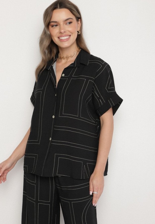 Czarny Komplet z Lnem i Wiskozą Koszula i Spodnie w Geometryczny Wzór Fevoline