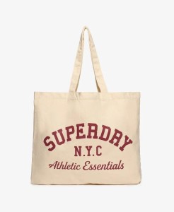 superdry Tote z 100% bawełny – Duży model z nadrukiem – Natural Brown/Bordeaux
