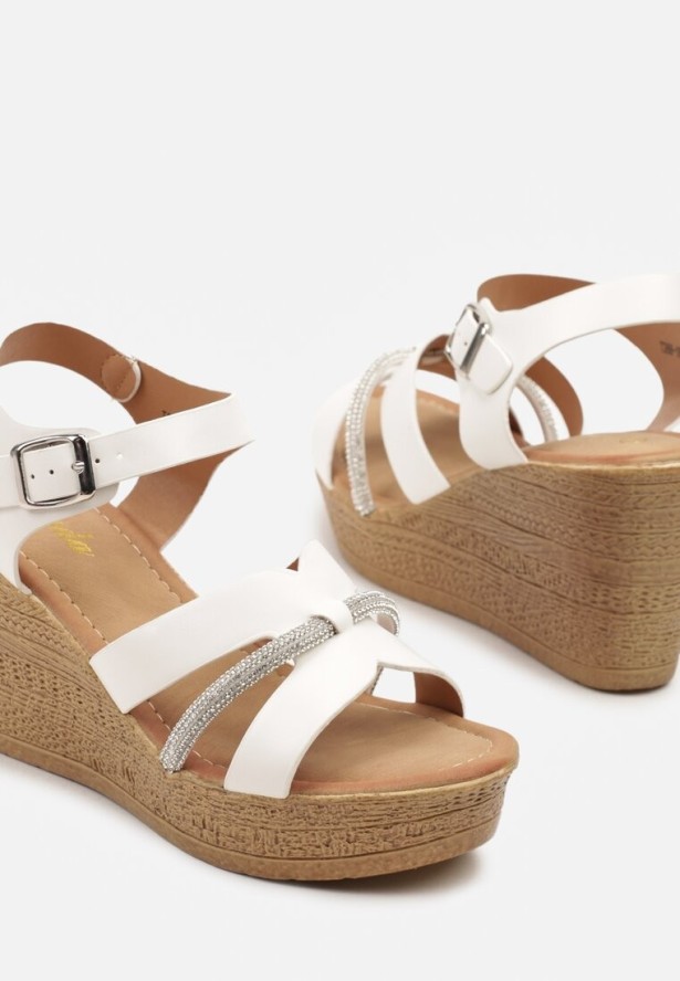 Białe Sandały na Koturnie z Plecionki z Cyrkoniami Vikessia