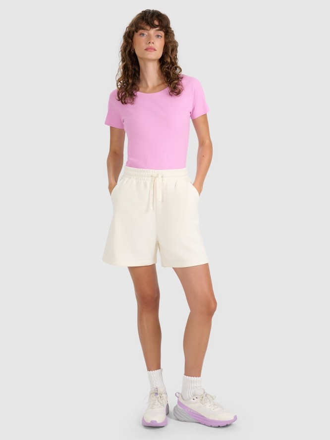 4F T-shirt regular z prążkowanej dzianiny damski - różowy S