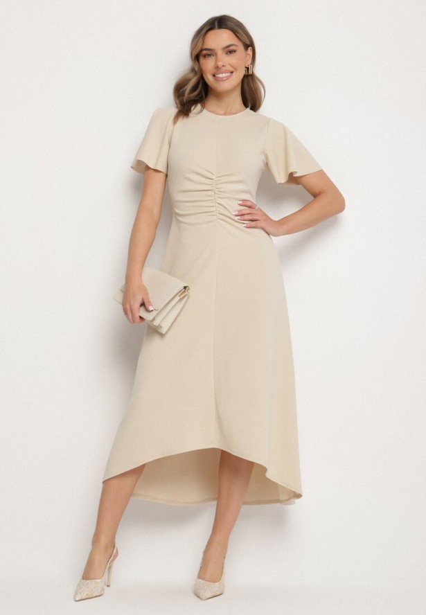 Beżowa Rozkloszowana Sukienka Ozdobiona Marszczeniem Odallica