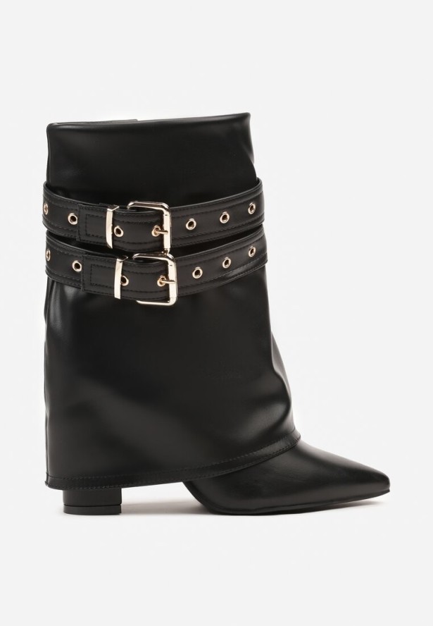 Czarne Botki Kowbojki na Słupku Ozdobione Klamrami i Wywiniętą Cholewką Codvire