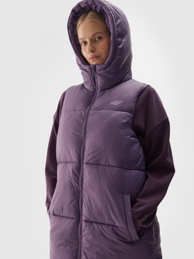 4F Długi bezrękawnik puchowy pikowany z kapturem damski - fioletowy S
