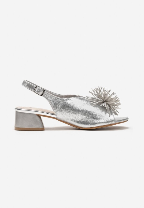 Srebrne Sandały Vices na Słupku z Ozdobnym Pomponem i Skórzaną Wkładką Agistra