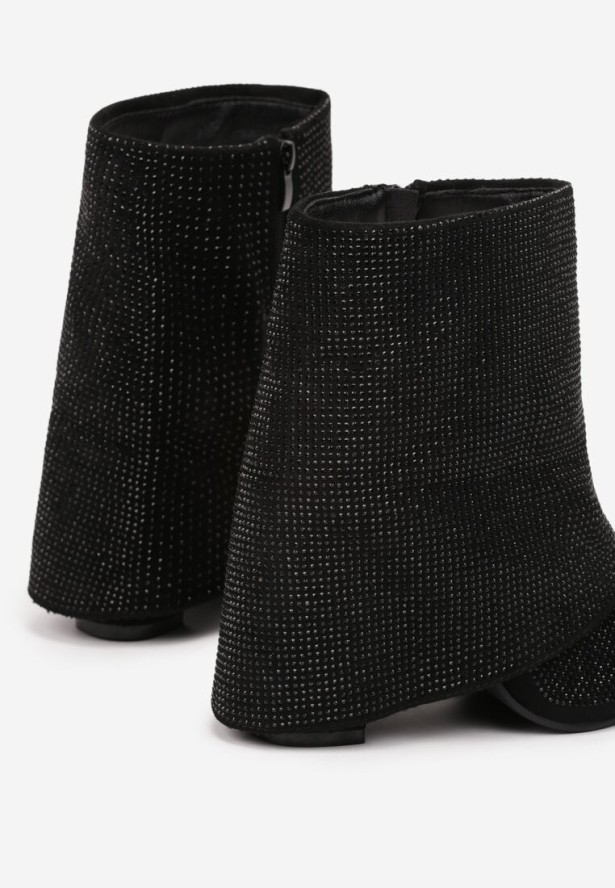 Czarne Eleganckie Botki z Cyrkoniami na Wywiniętej Cholewce Emiviraea