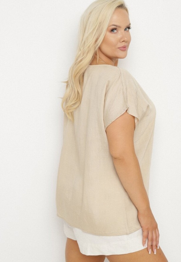 Ciemnobeżowa Bluzka z Wiskozą Wiązana przy Dekolcie Dovarelle