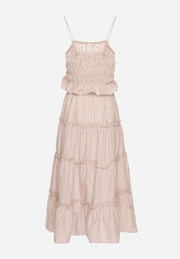 Beżowo-Różowy Bawełniany Komplet w Kratkę Vichy Spódnica i Top Frolira