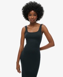 superdry Sukienka Midi Jersey z Kwadratowym Dekoltem – Czarna