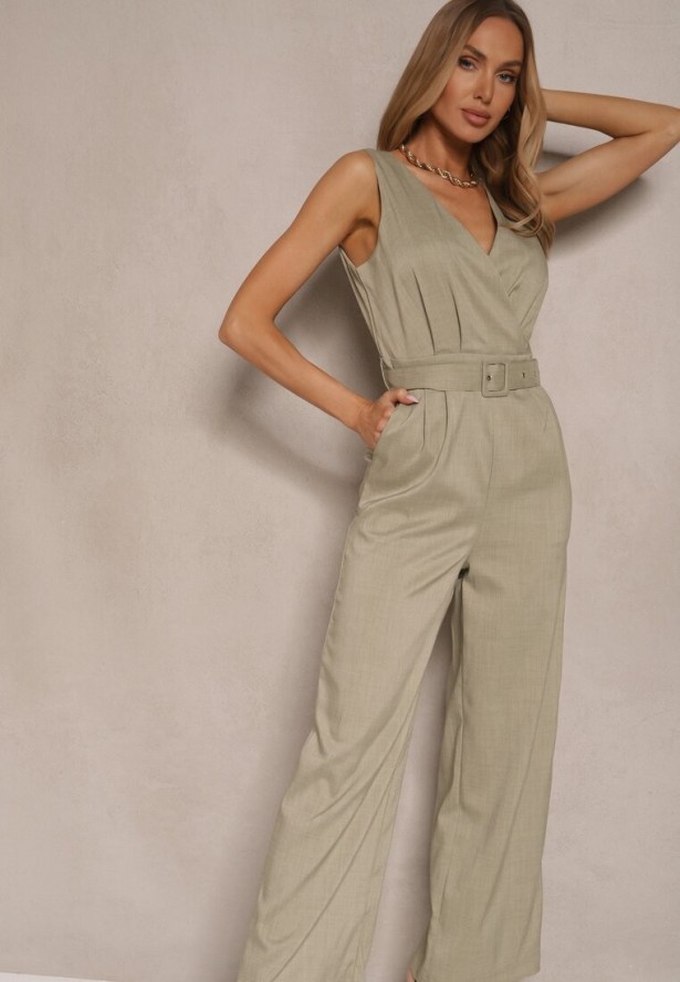 Jasnozielony Kombinezon z Długimi Spodniami Kopertowy z Paskiem w Talii Ronasia