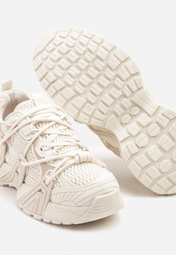 Beżowe Sneakersy z Ozdobnym Sznurowaniem i Tłoczoną Podeszwą Nurilune