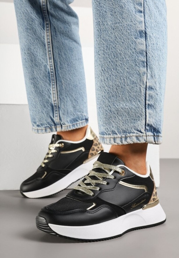 Czarne Sneakersy z Panterką i Napisem Raccaria