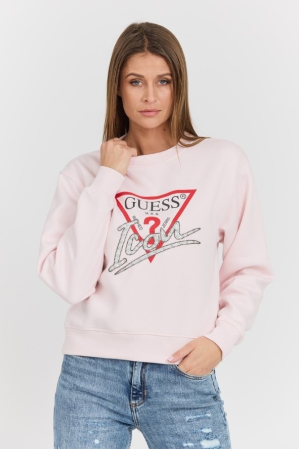 GUESS Różowa damska bluza Icon z dużym logo, Rozmiar L