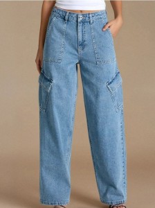 Jeansy cargo high waist - niebieski