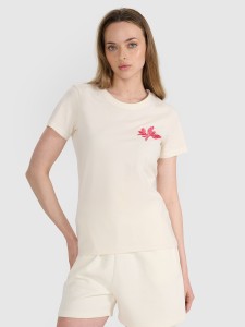 4F T-shirt regular z nadrukiem damski - biały XS