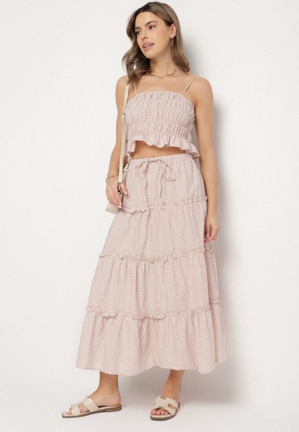 Beżowo-Różowy Bawełniany Komplet w Kratkę Vichy Spódnica i Top Frolira