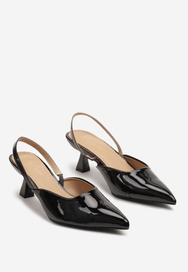 Czarne Lakierowane Sandały na Obcasie Typu Kaczuszka z Noskiem w Szpic Kasinea
