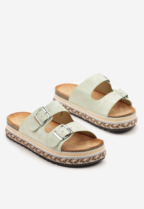 Jasnozielone Klapki na Grubej Podeszwie z Plecionką i Klamrami Tuveline