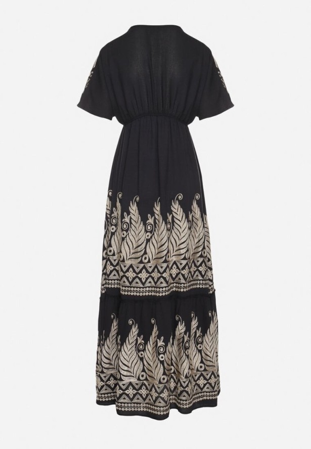Czarna Kopertowa Sukienka z Wiskozy Ozdobiona Frędzlami Redare