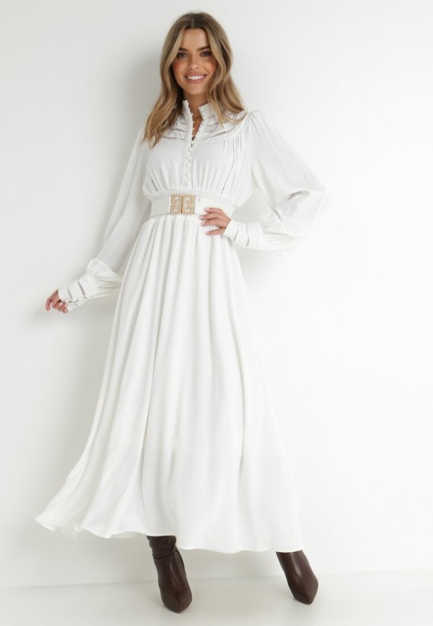 Biała Sukienka z Paskiem Laodyle