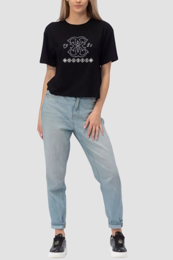 GUESS Czarny damski t-shirt na krótki rękaw z wyszywanym logo Gabi, Rozmiar XS