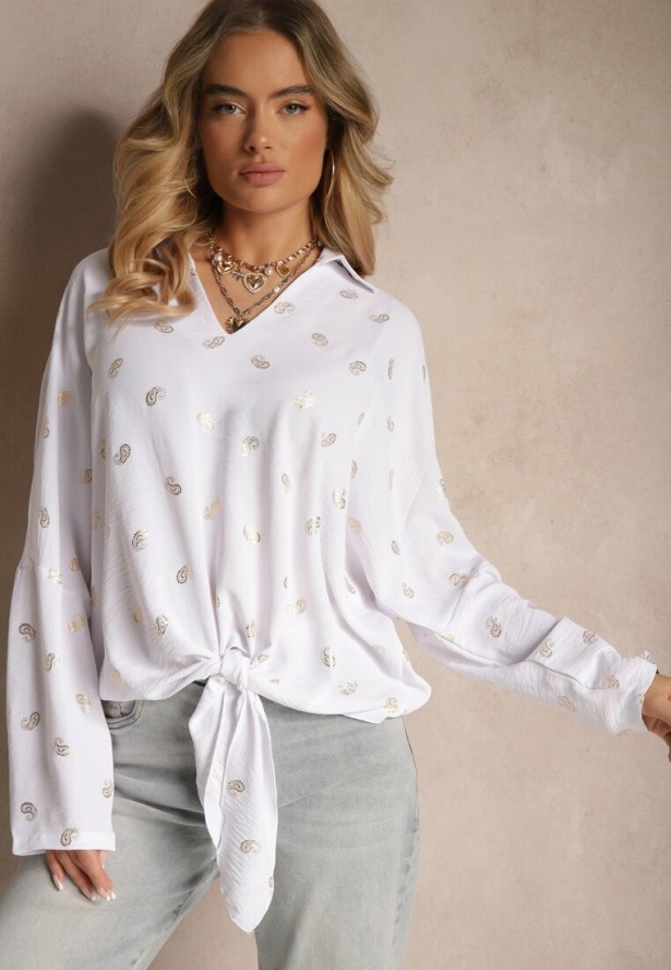 Biała Bluzka z Kołnierzykiem i Metalicznym Wzorem Nonelle