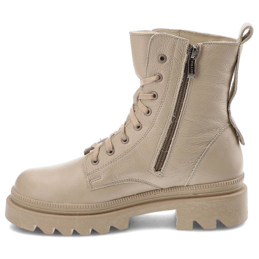 Beżowe Botki Pollonus Skórzane Ocieplane Buty Damskie
