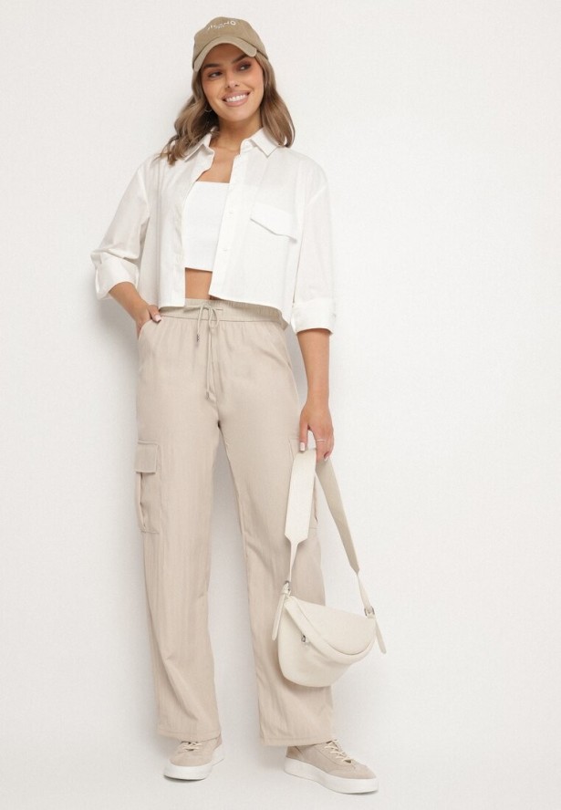 Jasnobeżowe Szerokie Spodnie Cargo z Bawełną i Wysokim Stanem Maillira