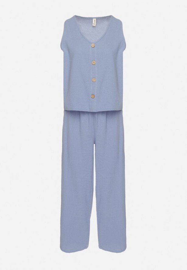 Niebieski Komplet Bawełniany Koszulka bez Rękawów z Guzikami Spodnie z Gumką w Pasie Juliancella