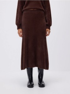 Pluszowa spódnica midi - ciemnobrązowy
