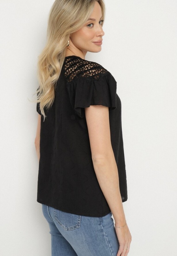 Czarna Bawełniana Bluzka Ozdobiona Ażurowymi Wstawkami Viandisa