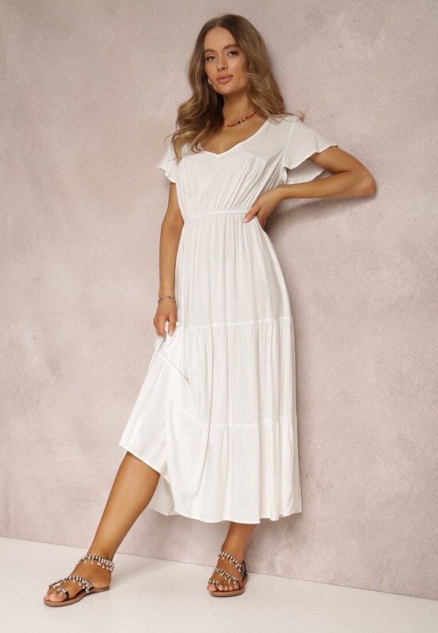 Biała Sukienka z Wiskozy o Rozkloszowanym Kroju z Falbanami Jonmy