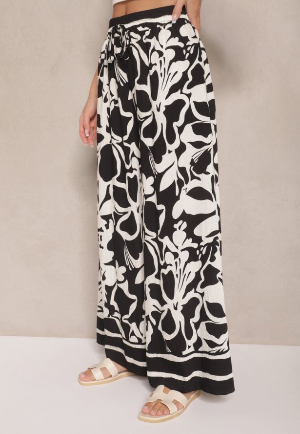 Czarne Spodnie o Szerokim Kroju High Waist w Kwiaty Nelrive