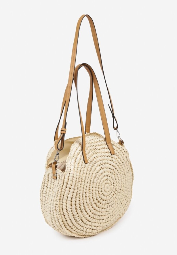 Jasnobeżowa Pleciona Okrągła Torebka Shopperka z Długimi Rączkami i Paskiem Acelema