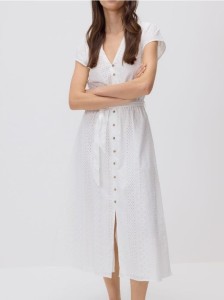 Bawełniana sukienka midi z paskiem - biały