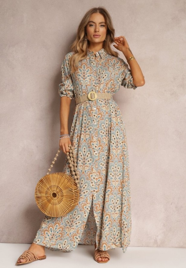 Jasnoniebieska Koszulowa Sukienka z Dodatkowym Paskiem i Podpinanymi Rękawami Alonie