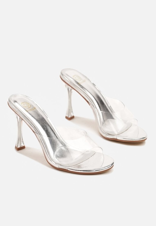 Srebrne Klapki na Szpilce z Transparentnym Obcasem i Paskiem Korimara