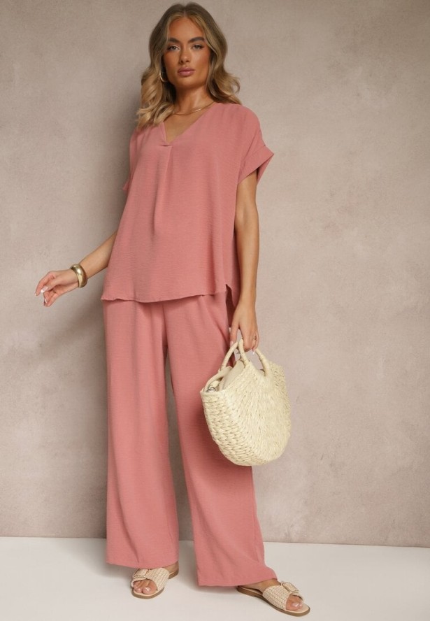 Ciemnoróżowy Komplet Bluzka i Luźne Spodnie z Wiskozą i Kieszonkami Efraria