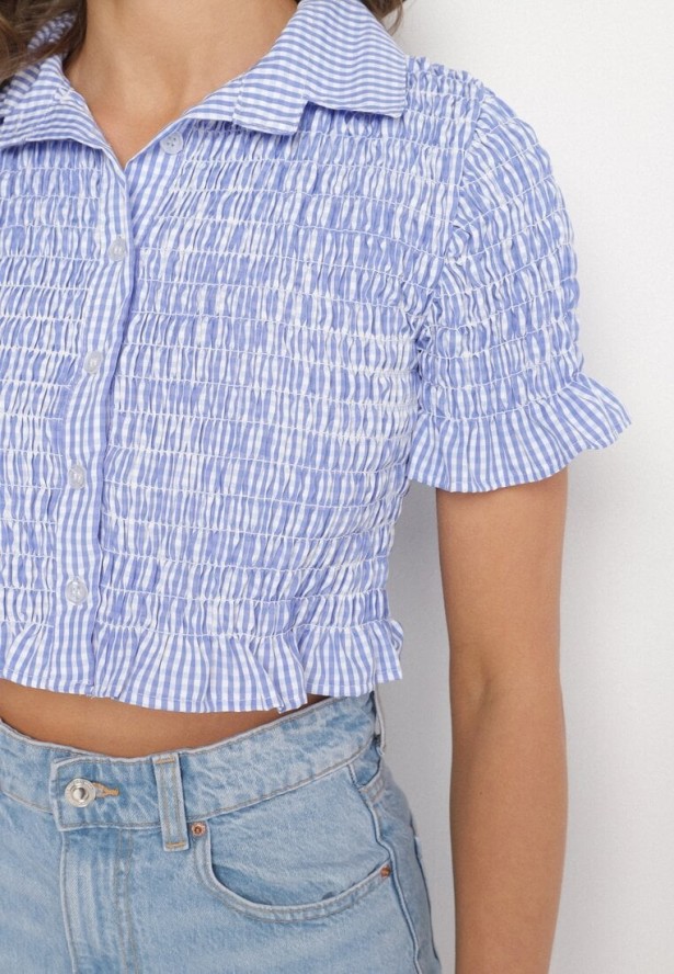 Jasnoniebieska Elastyczna Koszula w Kratkę Vichy o Krótkim Kroju Sovzeri