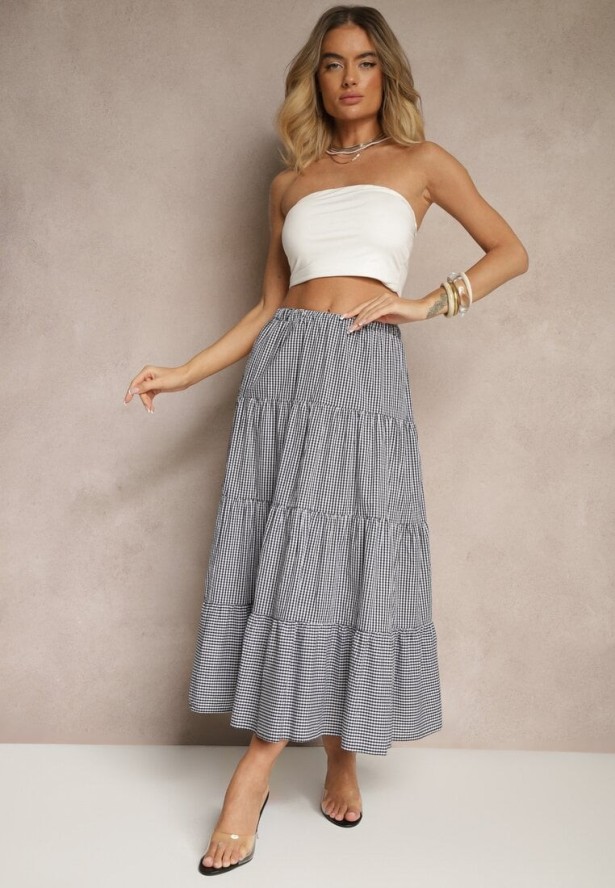 Czarno-Biała Spódnica w Kratkę z Bawełny o Rozkloszowanym Kroju Stemani