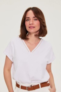 Bawełniany t-shirt z dekoltem w serek biały