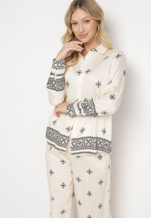 Beżowy Komplet z Wiskozą Spodnie o Szerokim Kroju i Koszula Tatorela