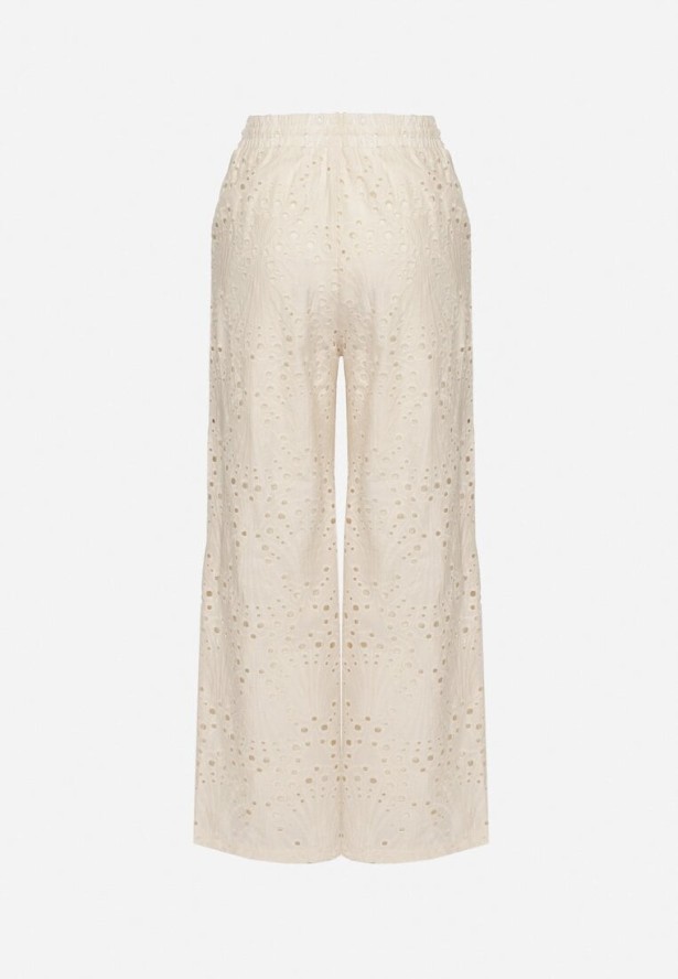 Beżowe Spodnie Ażurowe o Szerokim Kroju z Wysokim Stanem Yasedia