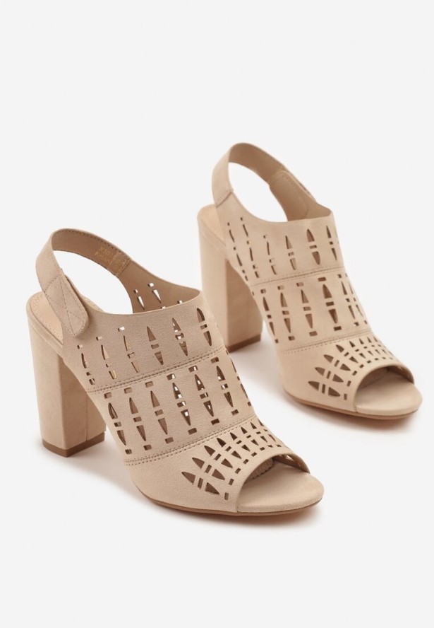Beżowe Sandały na Obcasie Vices ze Skórzaną Wkładką i Ażurową Cholewką Linarra