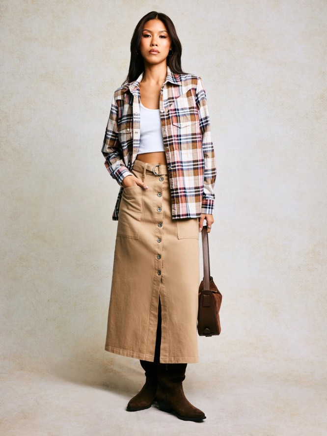 Spódnica damska midi z dodatkiem lnu z ozdobnymi guzikami beżowa Anesa 805