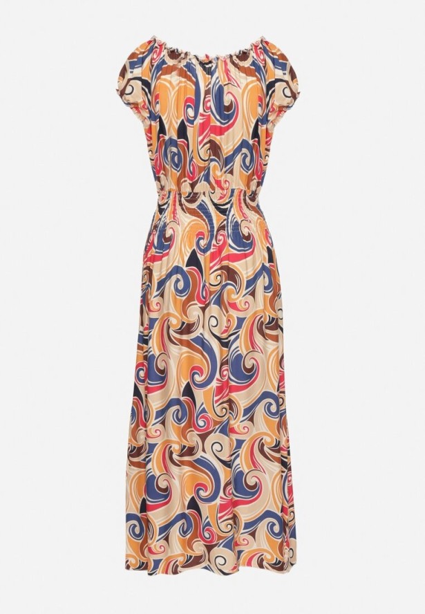 Pomarańczowa Bawełniana Sukienka z Abstrakcyjnym Wzorem i Gumką w Pasie Orralisa