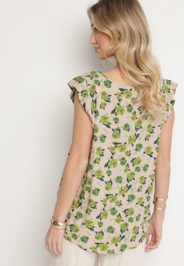 Zielono-Beżowa Bawełniana Bluzka w Kwiaty Naperia