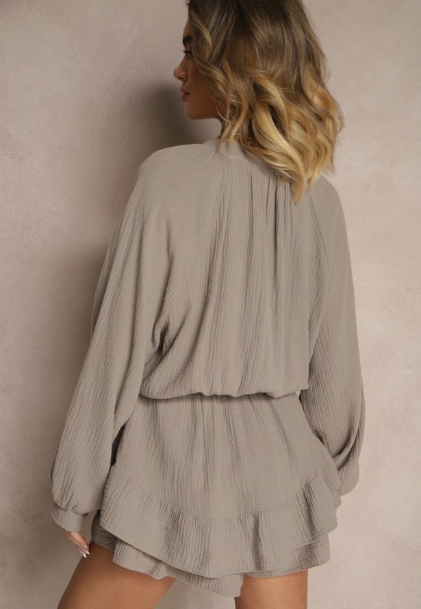 Ciemnobeżowy Kombinezon z Bawełny ze Spódnico-Spodenkami i Guzikami oraz Gumką w Talii Vimatthea