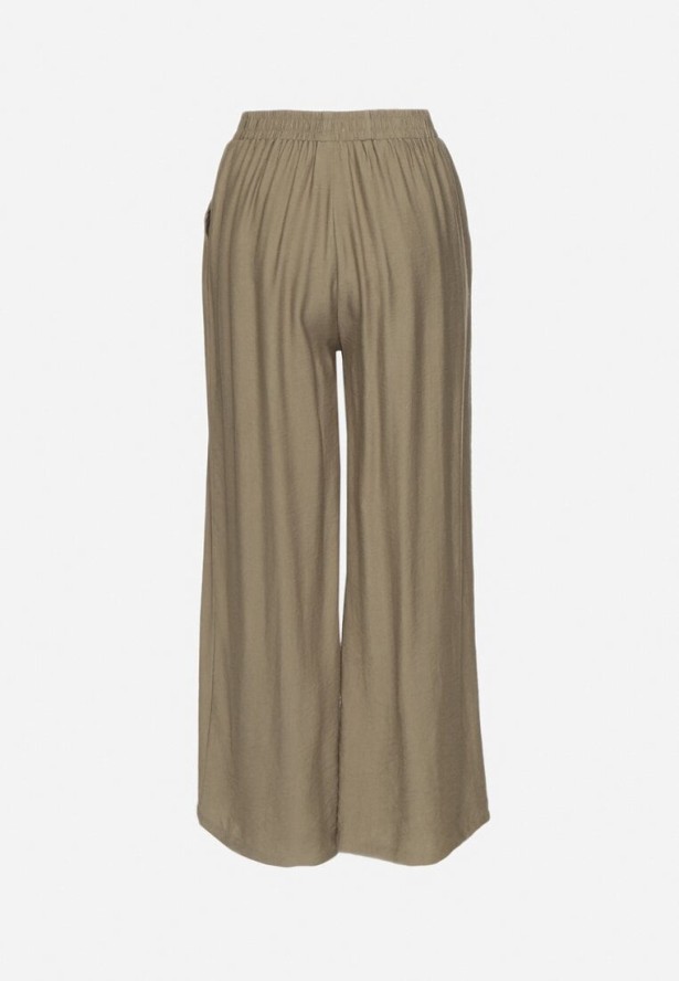 Zielone Szerokie Spodnie z Wysokim Stanem Ozdobione Sznurkiem Fenaris