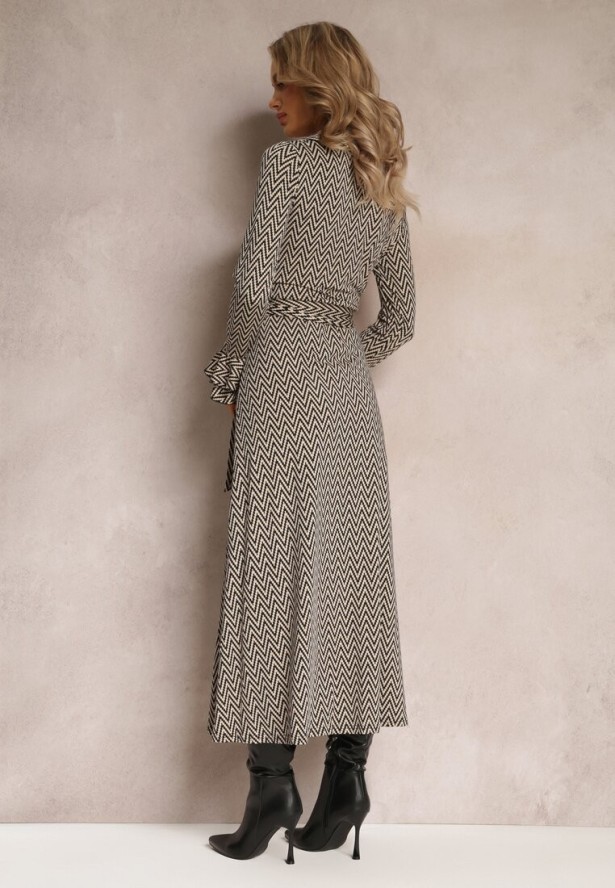 Beżowo-Czarna Sukienka Kopertowa z Falbanką Lutorius